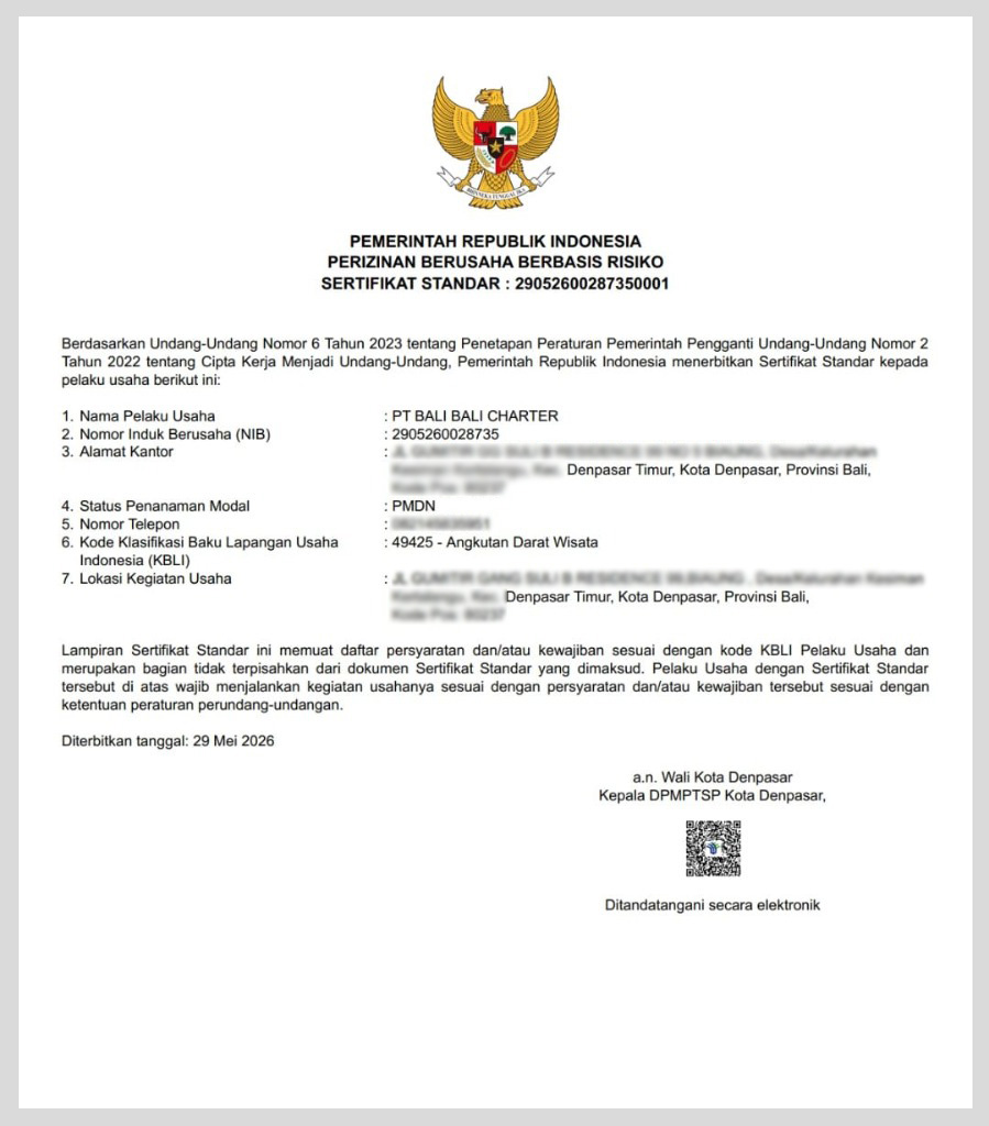 PT BALI BALI CHARTER 政府公認登録証明書